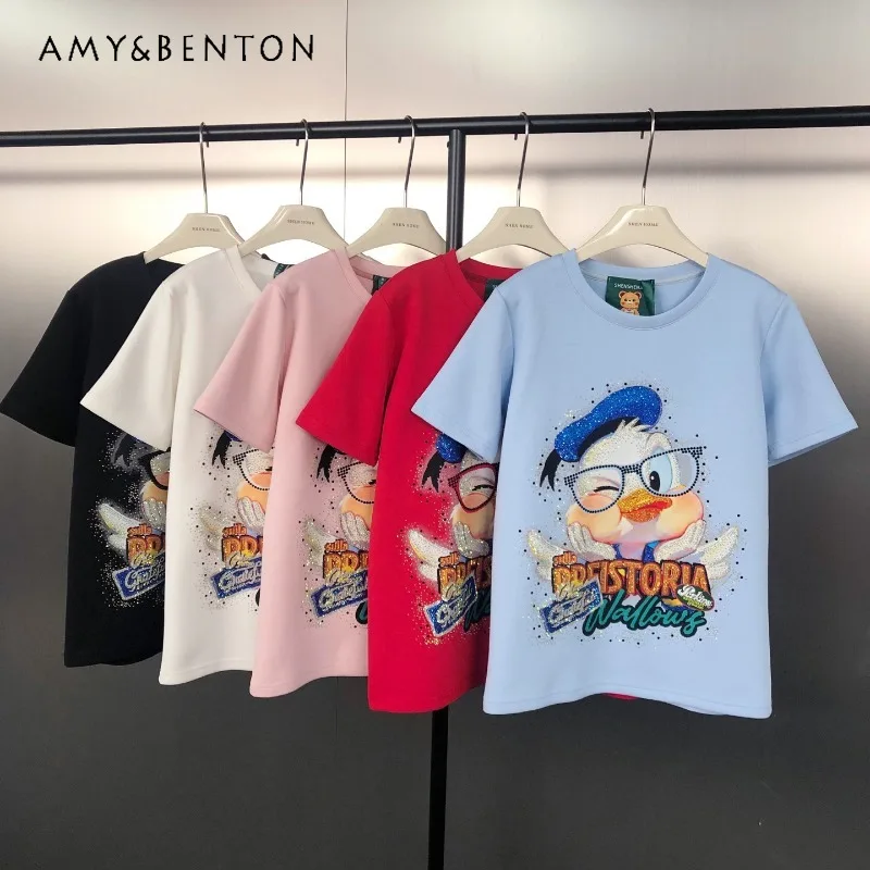 

Trendy Brand Fashion Tees Loose Cartoon Diamond Drills Printing Loose Short Sleeves T-shirt O-Neck Pullover Kawaii Clothes Women