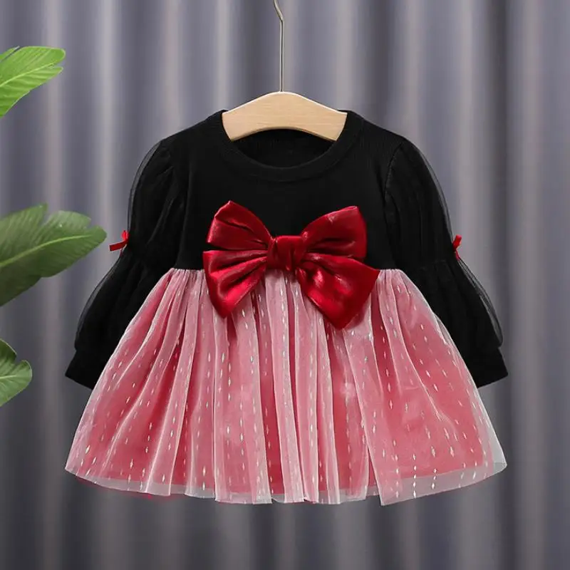 2024Girls Dress Spring Autumn New Small Medium Children Girls Baby Long-Sleeve Sweet Stitching Mesh Princess Dress Tutu Dress