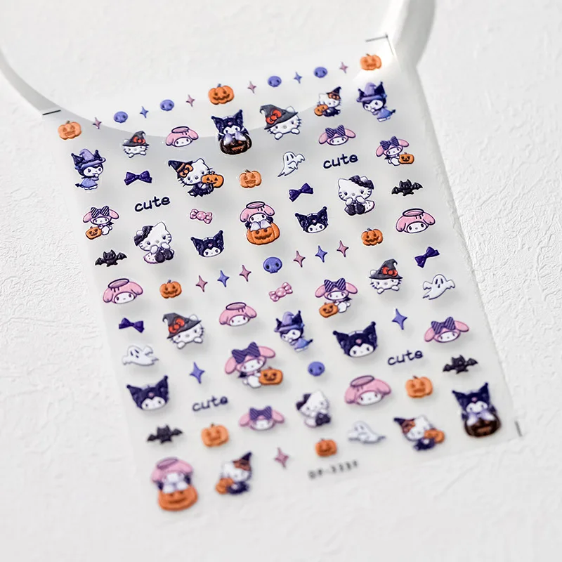 Kuromi-pegatinas de Hello Kitty para uñas, 1 piezas, 5D, dibujos animados, Sanrio, animación, decoración artística, calcomanías con relieve de