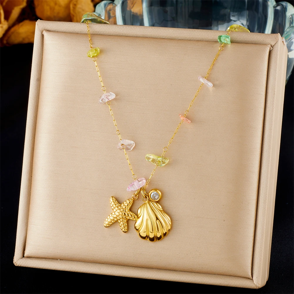 Edelstahl-Halskette mit goldenem Jakobsmuschel- und Seesternanhänger, farbiger Naturstein, für Damen, klassischer Ozean-Stil, Halsschmuck.