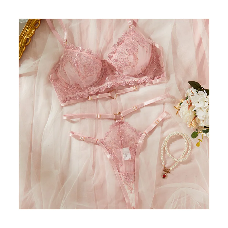 Pink Erotic Sensitive Comfortable Ultra-Thin Lace Mesh Semi-Sheer Concentrating Uplifting Girls' Bra Set