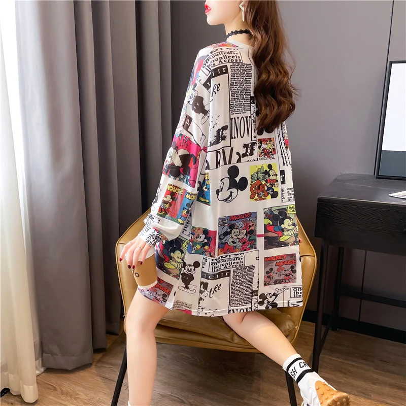 Disney Mickey Minnie Mouse Black White Mesh Oversized T Shirt Women Summer Transparent  Silk T-shirts for Lady Sun Protection