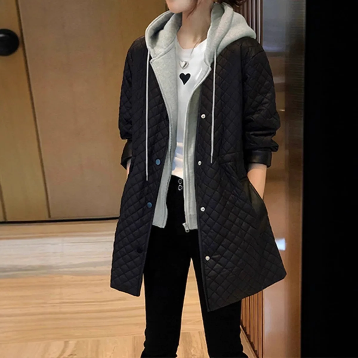 

Hooded Spliced Women Parkas Coats Mid Lenth Overcoat Solid Zipper Long Sleeves Loose Thick Office Lady Casual Autumn Winter 2025
