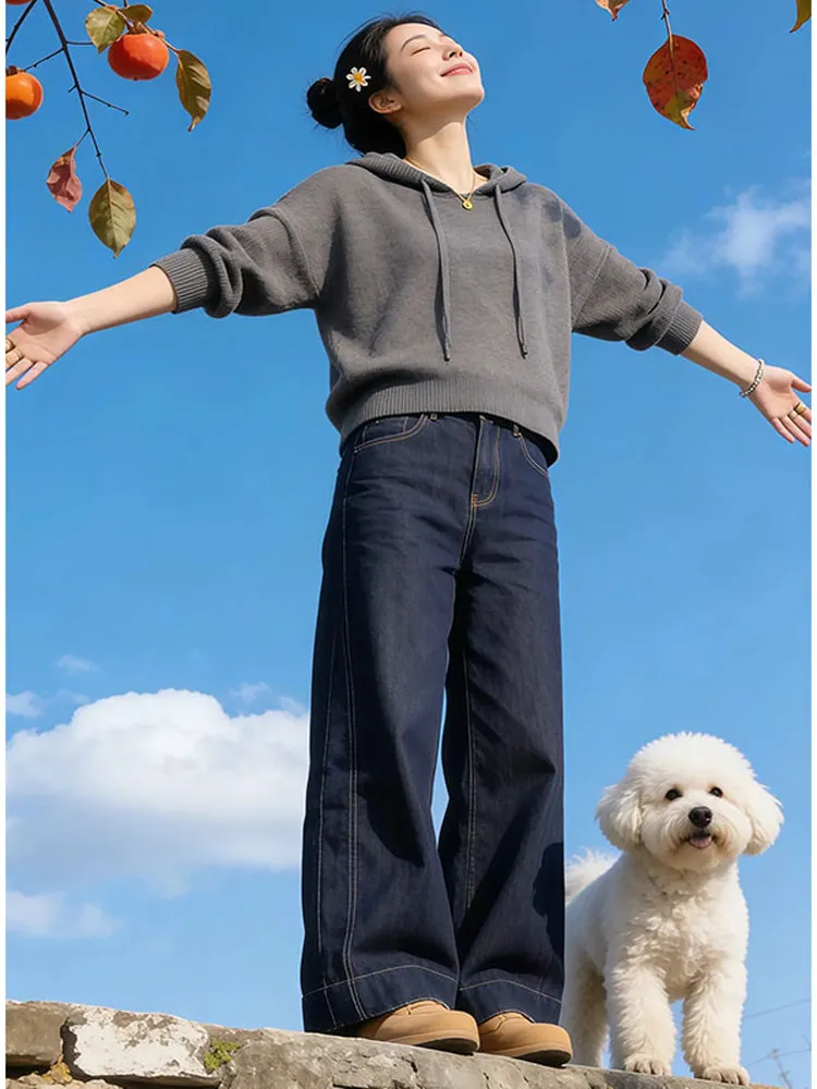 

Retro ey Hooded Knitted Sweater Women's Loose Comfortable Spring Autumn New Lazy Sle Top Casual Loose Fit Soft Polyester