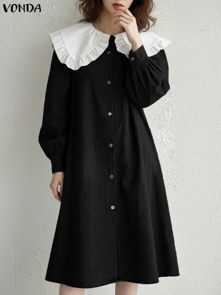 2025 VONDA Fashion Long Shirt Dress Women Autumn Long Sleeve Peter Pan Collar Party Vestidos Spring Casual Elegant Office Robe