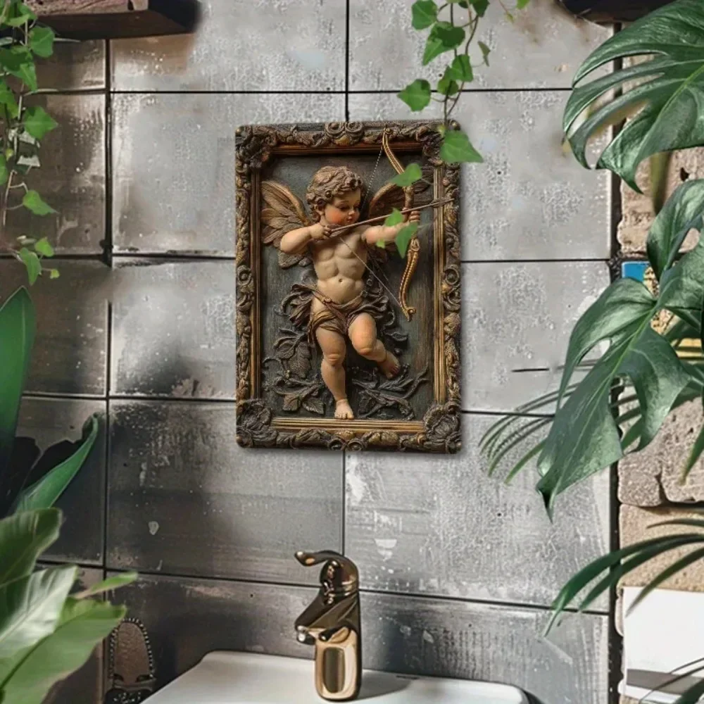 Retro Iron Decor，CupidWallDecorSet Cupid Renaissance Aluminum Art Set - Weather Resistant Vintage Embossed Metal Sign, Home Deco