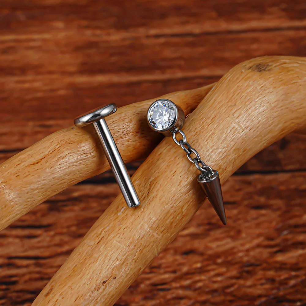 Right Grand ASTM F136 Titanium Bezel CZ Dangle Cone Labret Cartilage Earring Conch Helix Stud Tragus Spike Chain Drop Earring