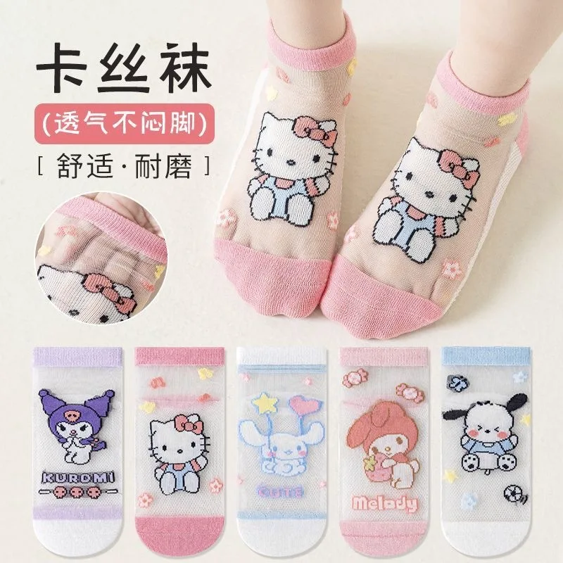 for Hello Kitty Kuromi summer thin cotton socks crystal stockings pure cotton breathable new girls' socks