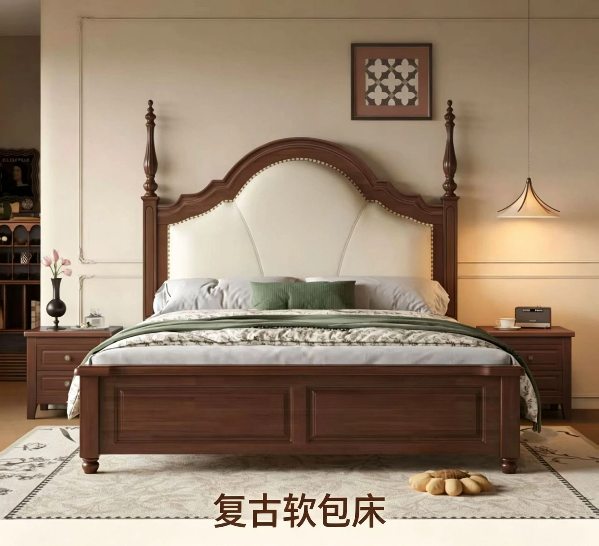 medieval style arched rivets, leather solid wood bed, high column soft bag bedside, household flush edge double solid wood bed