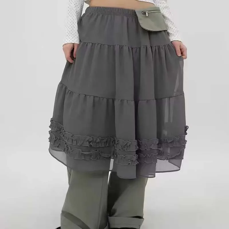 Chic Summer See-through Ruffle Hem Bordered Pure Color High-waisted Midi Skirt Korean Style Ballet Flounce Layered Pleated Skirt