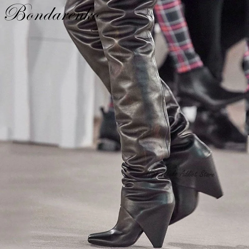 

Women Spike Heel Square Toe Leather Over Knee Boots High Heels 2023 Runway Designer Dress Thigh High Boots Plus Size Shoes