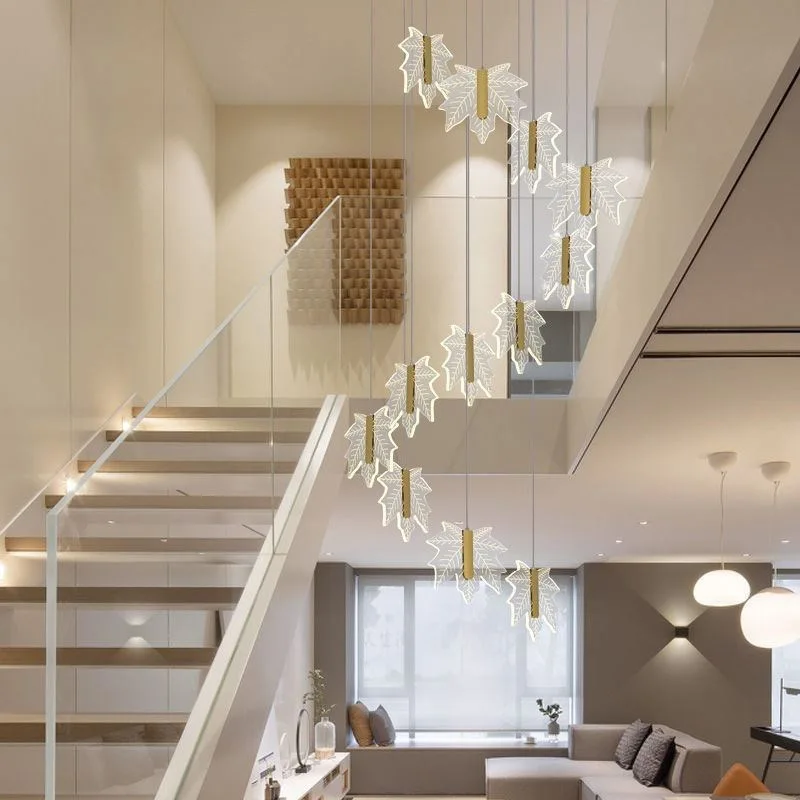 Modern Maple Leaf Staircase Long Pendant Lamp Light Luxury Duplex Villa Living Room Hollow Chandelier