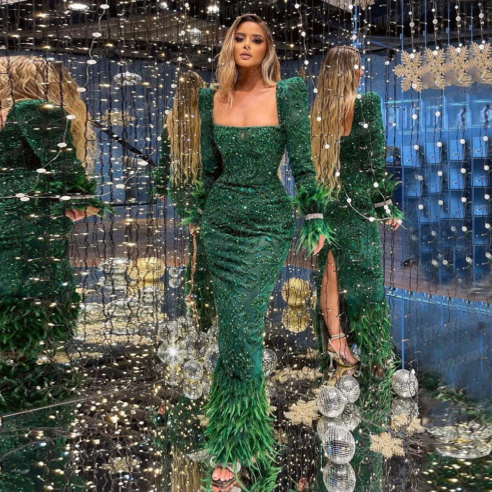 

Зеленое кружевное платье для выпускного вечера с бисером и длинным рукавом, роскошное вечернее платье с перьями для женщин, с вырезом лодочкой, длиной до пола, вечерние театрализованное представление