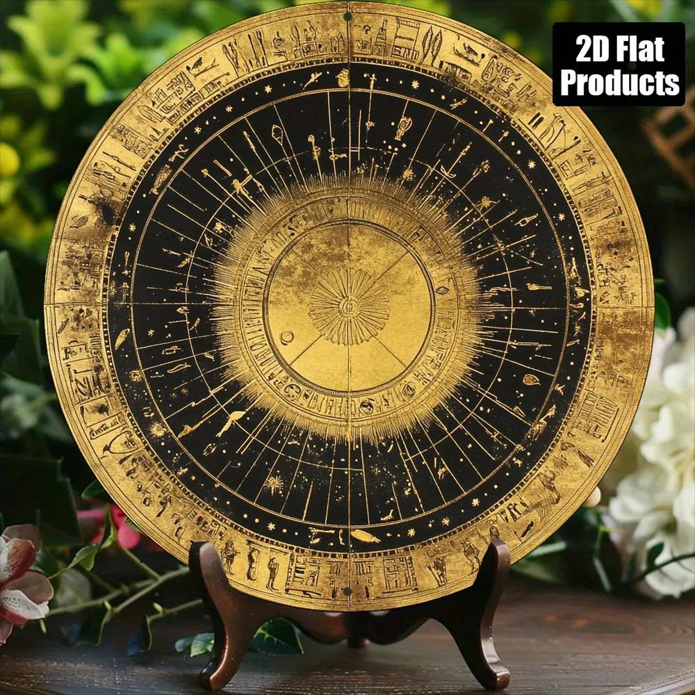 2D Flat - 2D Plane - 2D Plane, Ancient Egyptian Golden Foil Printed Metal Wall Decor - 8X8 Inch Vintage Hieroglyphic Sundial Des