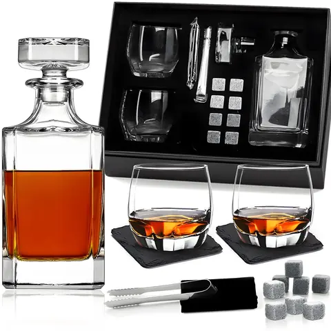 Wood Box Whiskey Barware Set Thick Glass Tumblers Natural Cooling Stones Home Party Gift Kit