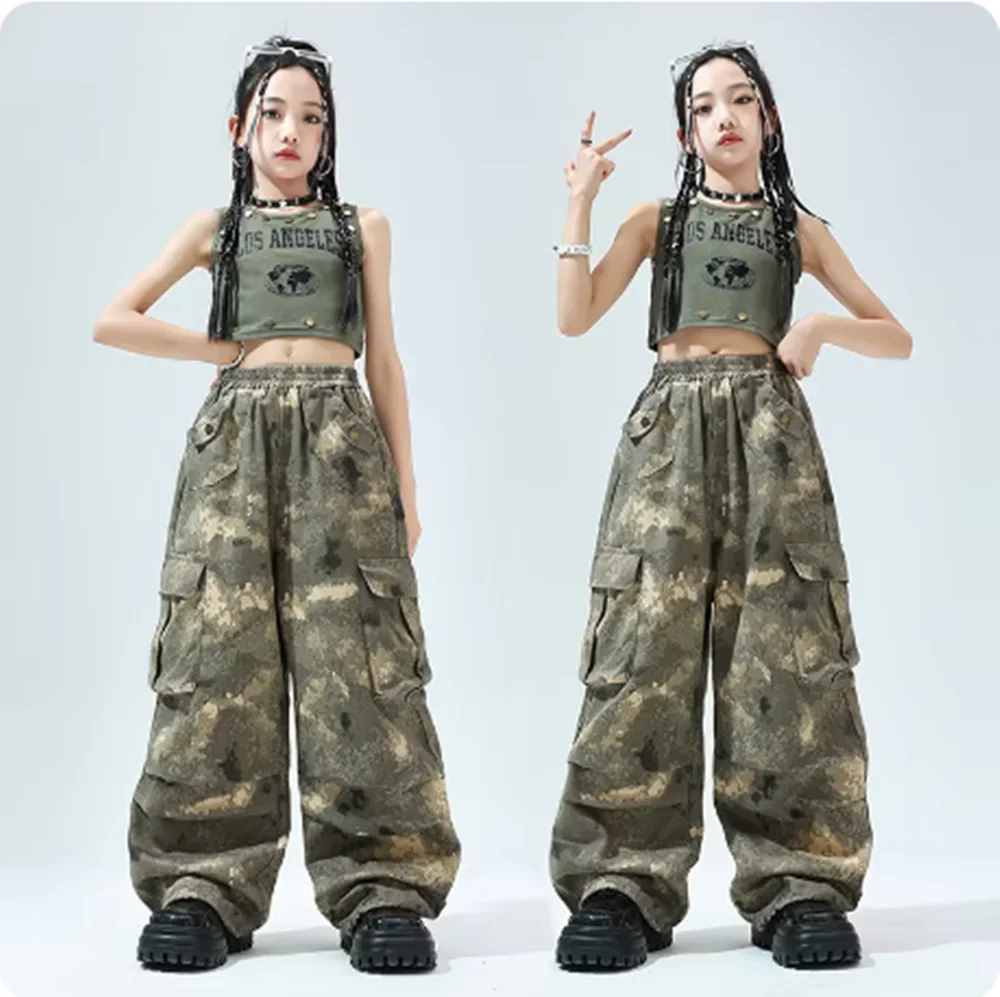 

Зеленая одежда для джазовых танцев, одежда для танцев в стиле K-pop, хип-хоп, детский костюм для уличных танцев, детский жилет, камуфляжные брюки yj295