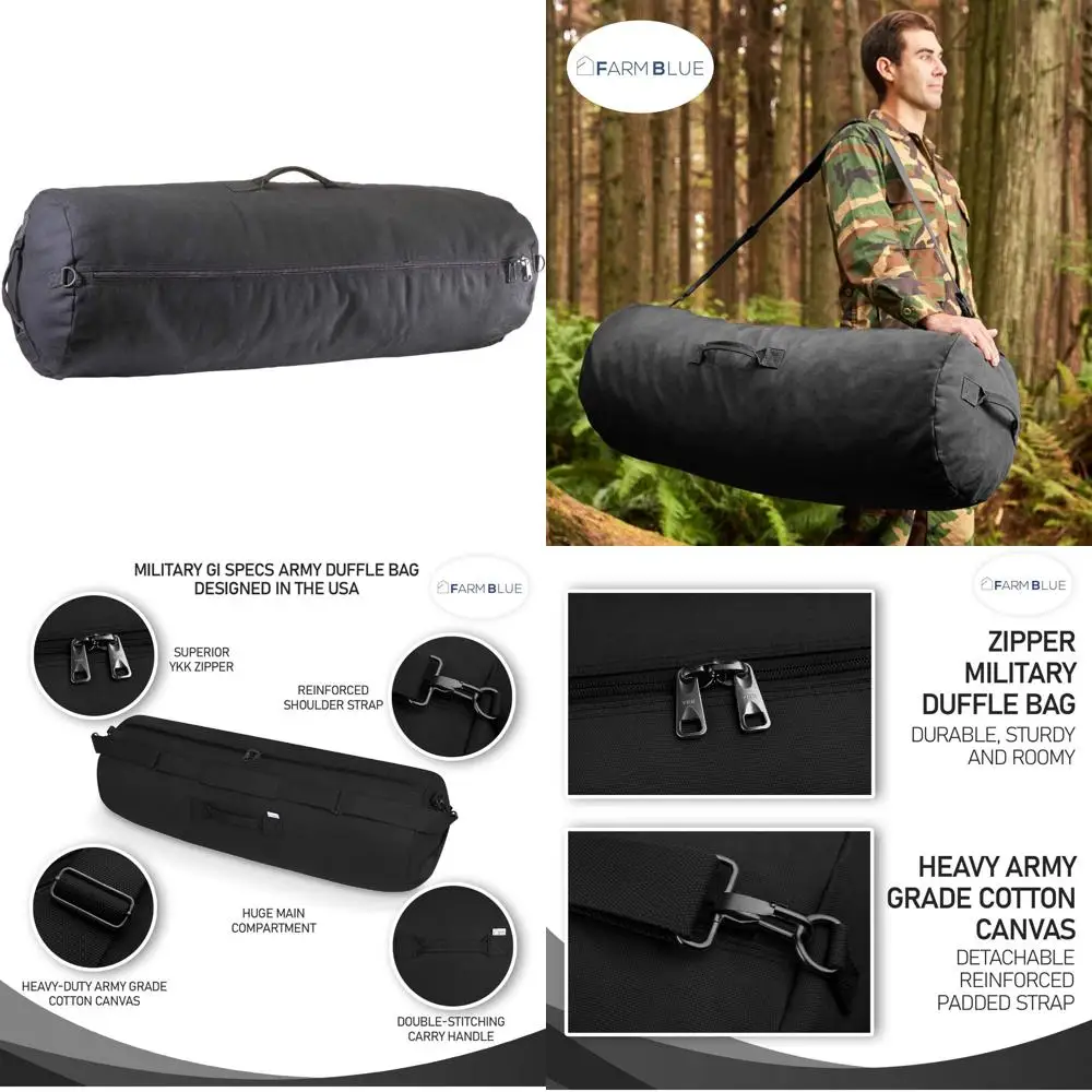 

Heavy-Duty XL Army-Style Cotton Canvas Duffle Bag - Military Grade, Black, Reinforced Zipper Closure, Ideal for Travel and Outdo