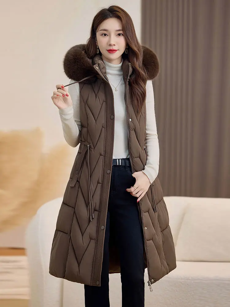 Vielleicht 2025 New Autumn Winter Cotton Down Vest For Women Solid Puffer Padded Vest Sleeveless Fur Hooded Jacket Warm Coat