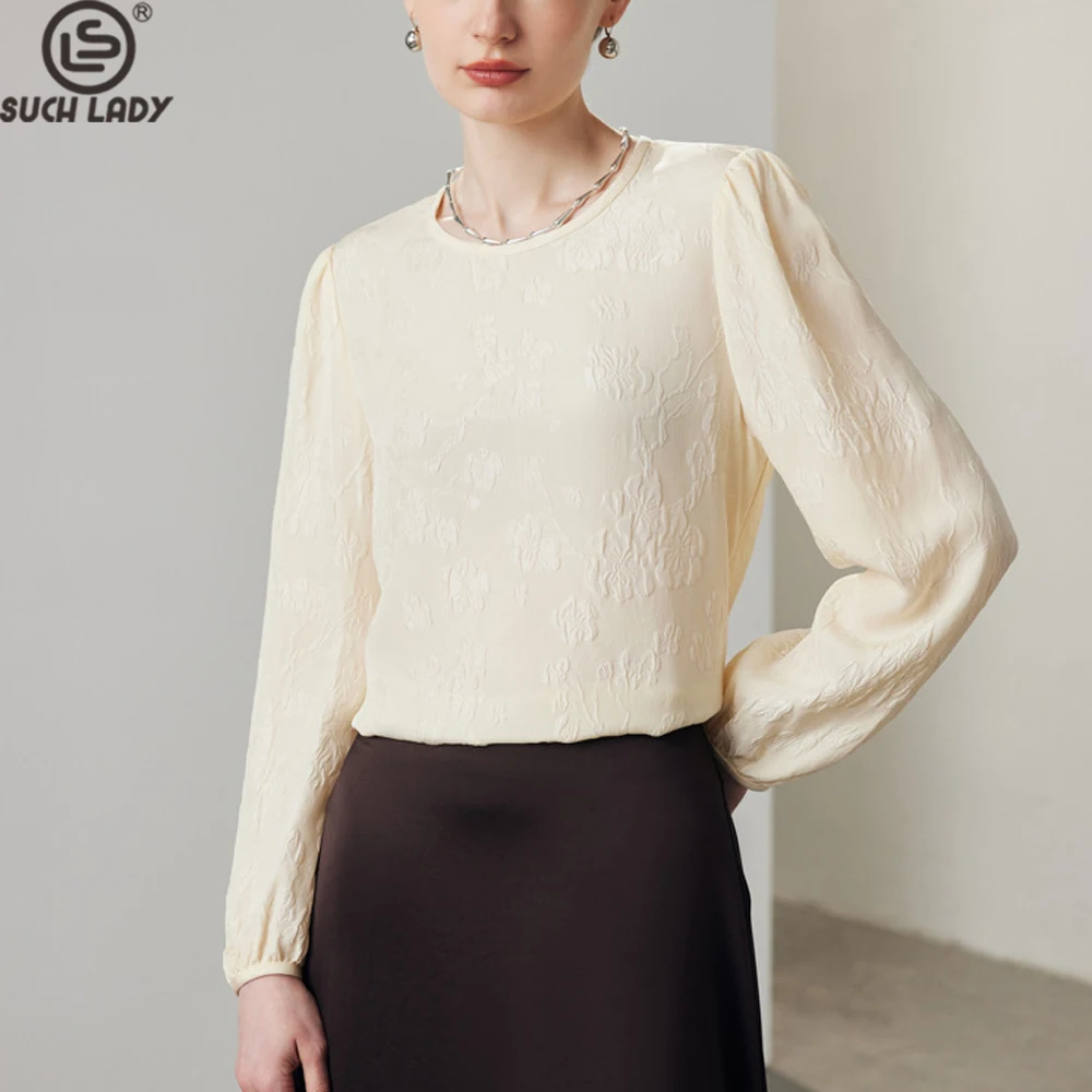 Women's Silk Dress O Neck Long Sleeves Dobby Elegant Fashion Pullover  Blouse Tops