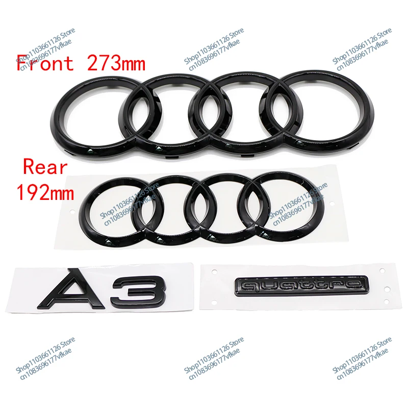 4Pcs/set For Audi A3 Combination Set Front And Rear Rings 273mm 192mm Logo Quattro Rear Logo Car Sticker 2010-2020 Bright Black