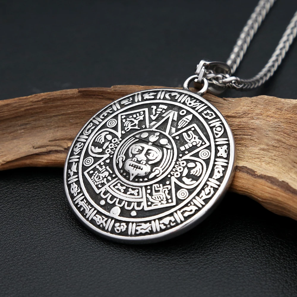 New Vintage Black Pattern Mayan Symbol Pendant Necklace For Men Stainless Steel Fashion Talisman Heavy Jewelry Gift Dropshipping