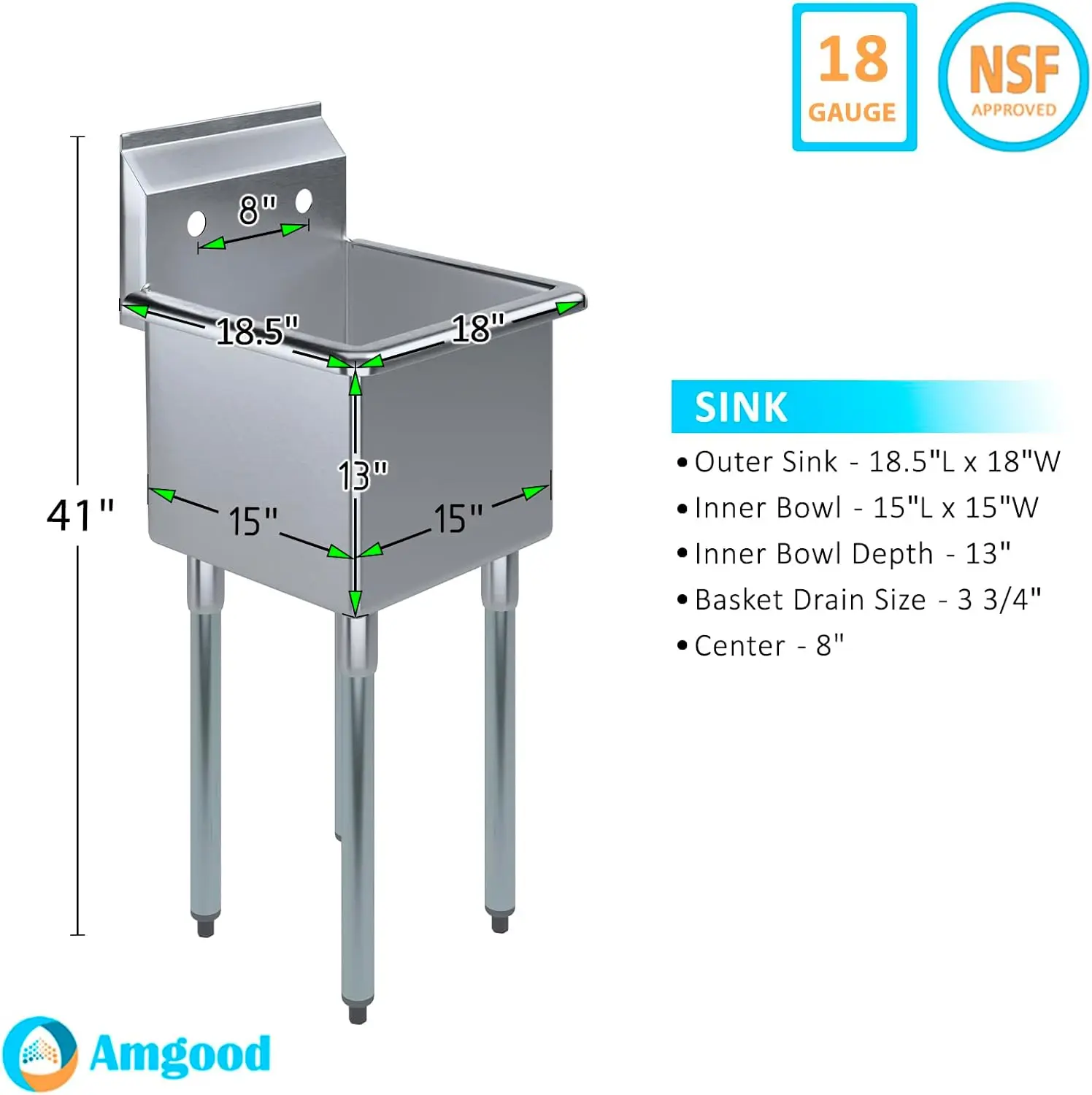 StainlessSteel PrepUtilitySink304 RestaurantKitchenLaundryGarageNSF (Bowl Size: 15