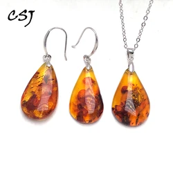 Elegant Natural Amber Real 925 Silver Jewelry Sets Drop Water Gemstone for Women Lady Wedding Party Birthday Gift