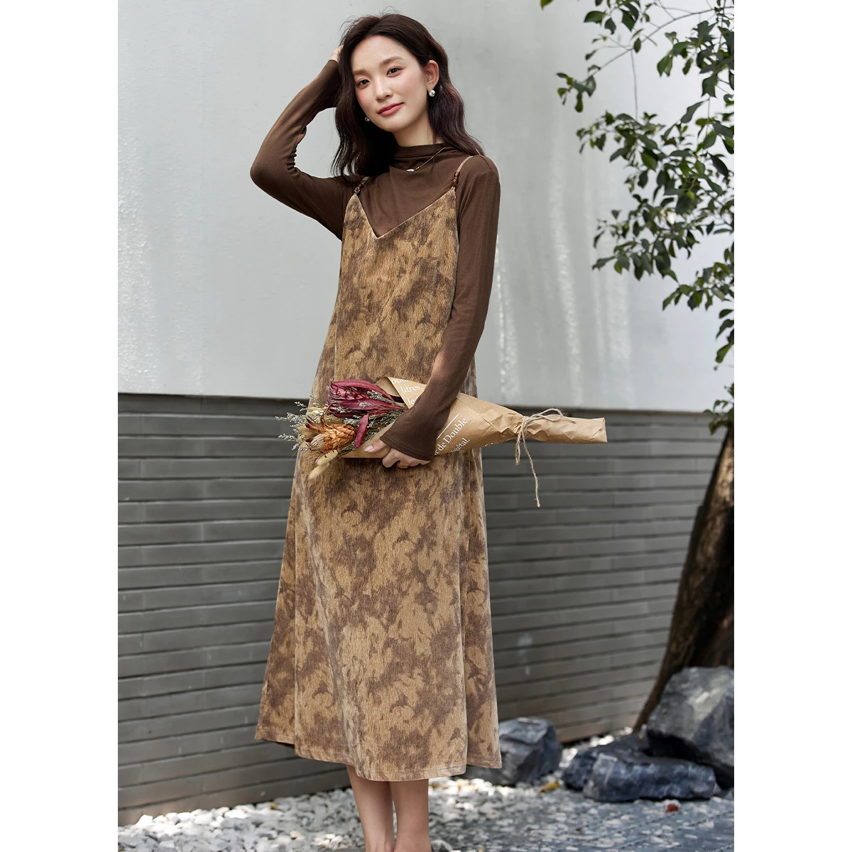 VIMLY Elegant Women's Dress Sets Autumn 2025 Vintage Velvet Long Suspender Dresses Half Mock Neck Knitted Tops 2 Piece Set A2861