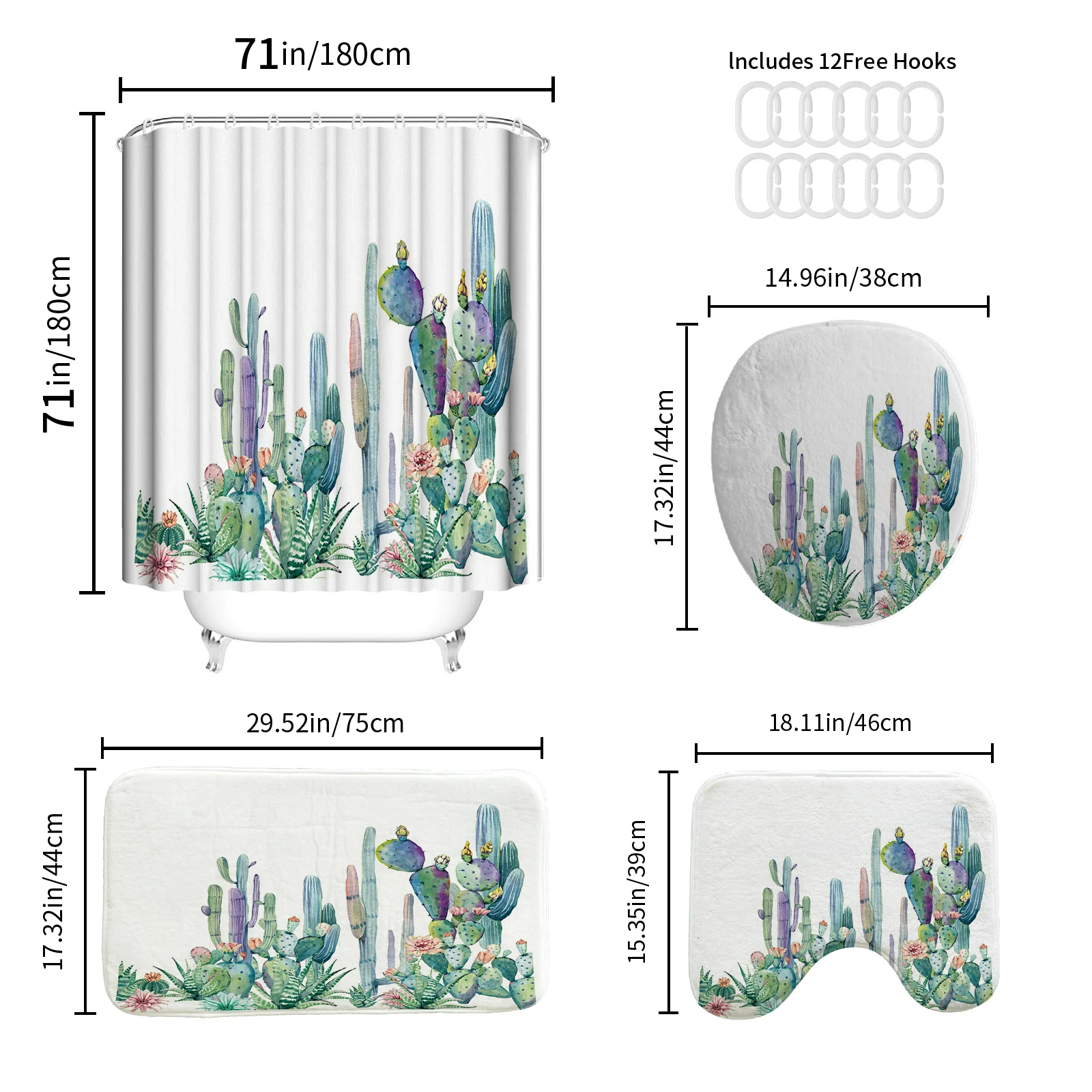 Botanical cactus print shower curtain minimalist polyester home décor bathroom curtain with hooks