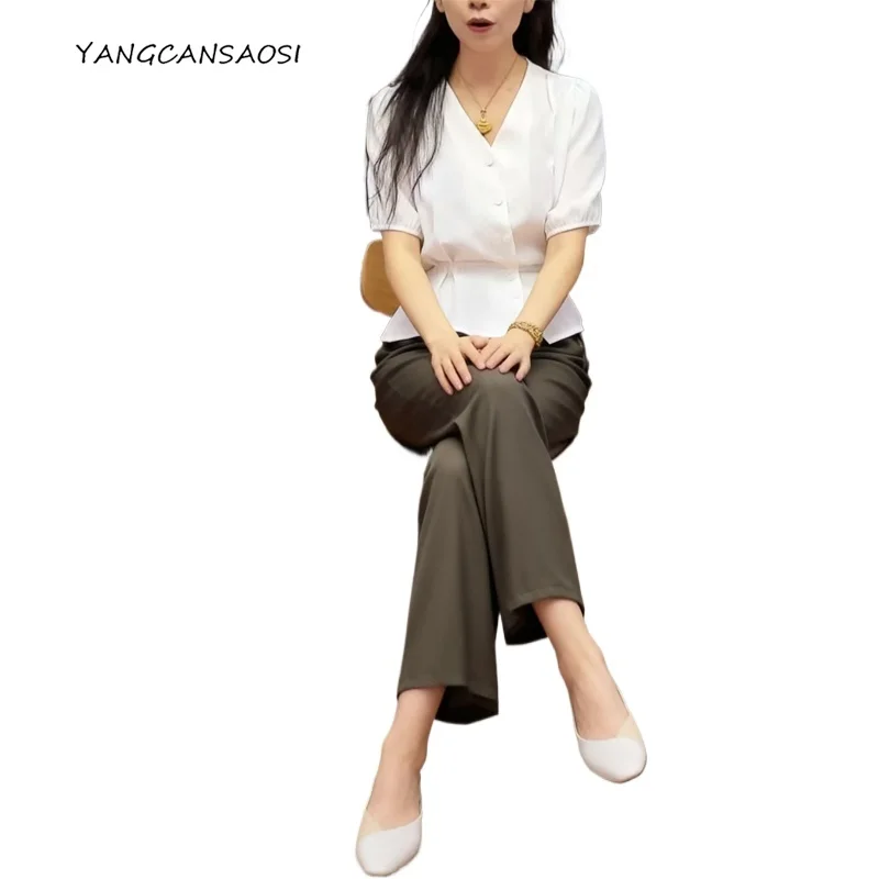 

2025 Women's Fashion Clothing 26MM Heavy Weight 93% Natural Mulberry Silk Elastic Crepe Khaki Green Casual Cropped Pants