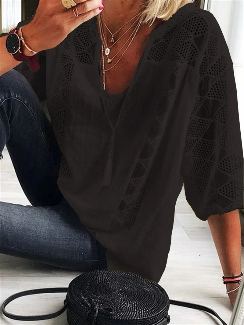 Fashion Solid Hollow Out U Neck Pullover T-Shirt Women\'s Lace Splicing Seven-part Sleeve Tops Ladies Summer Loose Commuter Tees