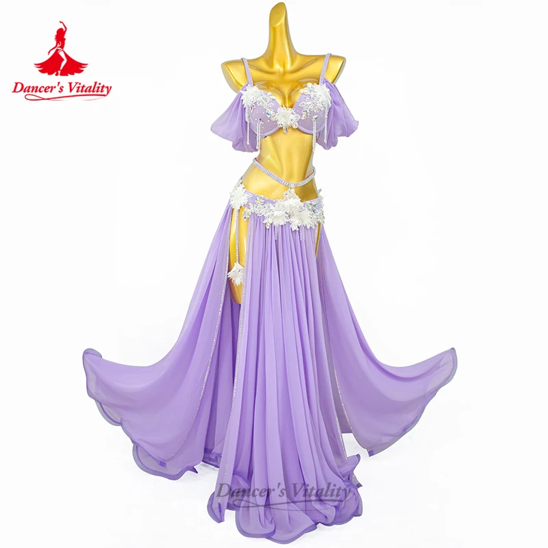 مجموعة أزياء الرقص الشرقي للنساء حمالة صدر فاخرة مرصعة بأحجار الراين + تنورة طويلة مثيرة مكونة من قطعتين ملابس أداء الرقص الشرقي الشرقي