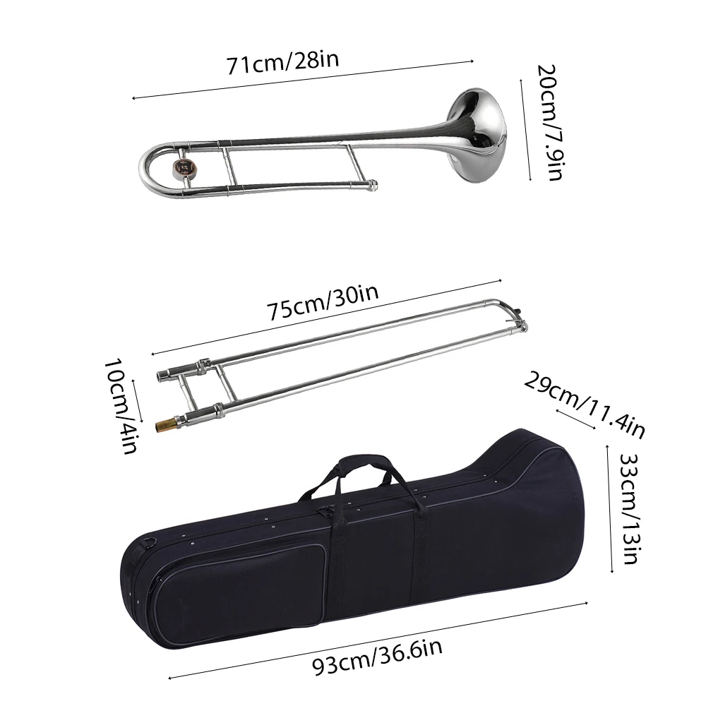 Bb Tone B Flat Wind Instrument Silver Trumpet Alto Trombone Brass  with Cupronickel Mouthpiece Cleaning Stick Case