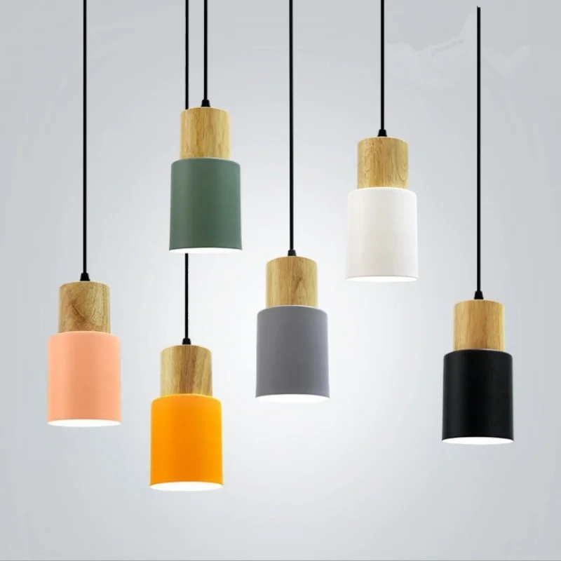 Pendant Light Dining Room Iron Art Bedroom Lamp Minimalist Solid Wood Single Head Multicolor Fresh Small Hanging Lamp