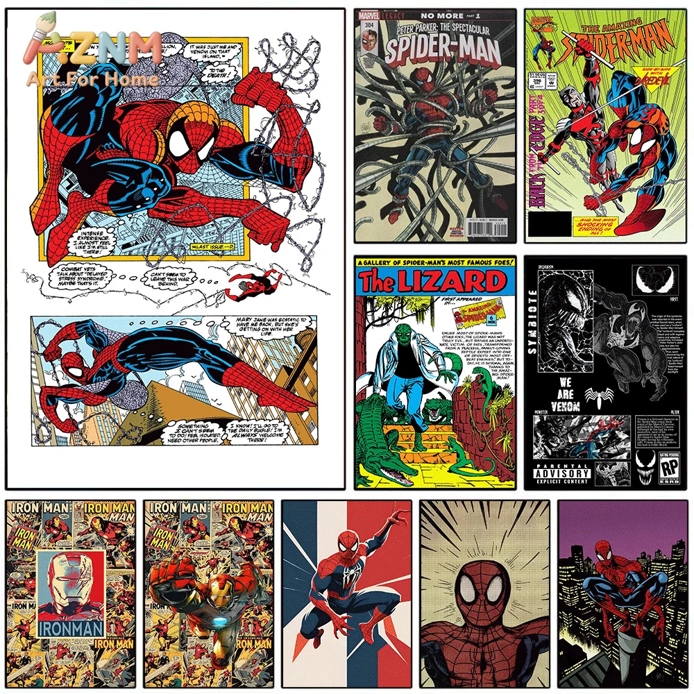 AZNM Spiderman Comic Page Canvas Wall Print, Vintage Superhero Speech Bubble Comic Book Art Poster, Unframed Canvas Painting f