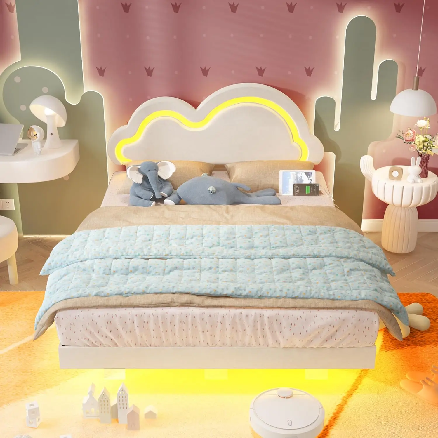 Queen LED Floating Bed Frame with Charging Station, Velvet Upholstered Platform Bed Frame with Cloud Headboard, No, Customized