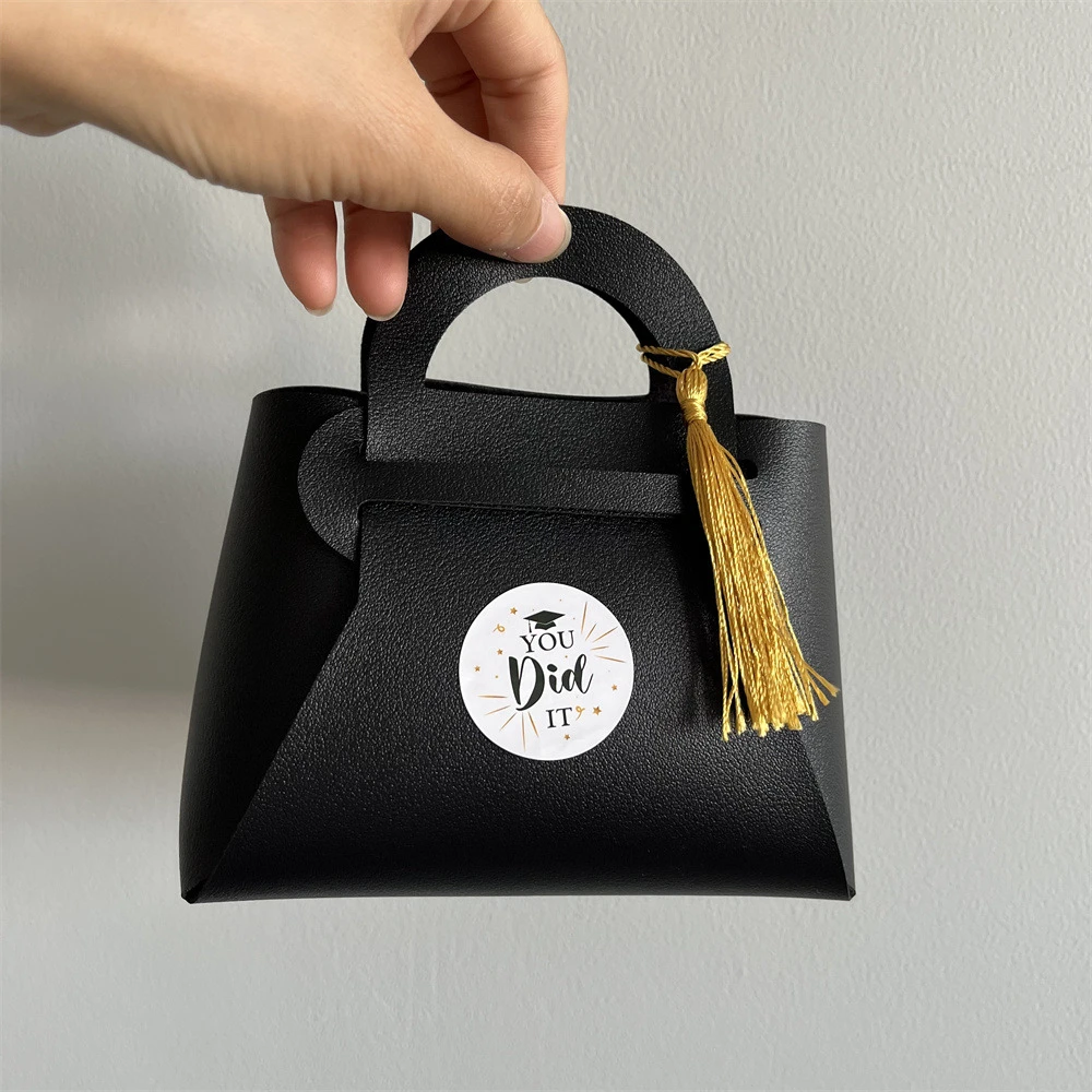 12pcs Black Leather Gift Bags Graduation Season Theme Congrats Grad Candy Packing Bag 2024 Congratulation Graduation Party Decor