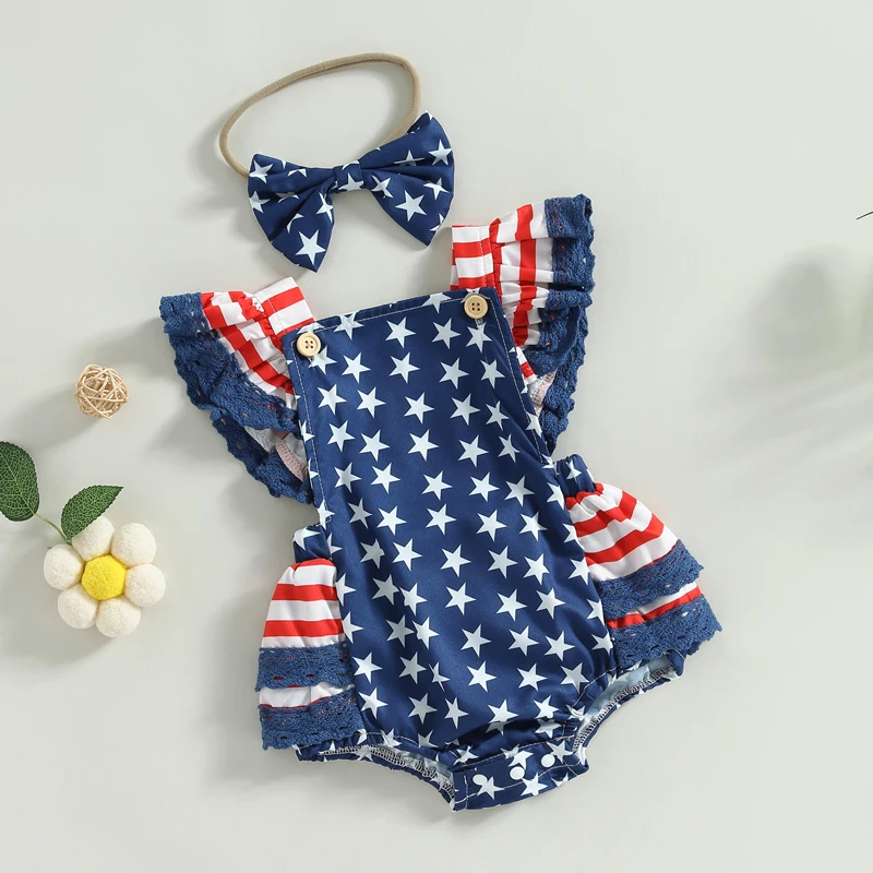 

My First 4th of July Baby Girl Outfit Sleeveless Ruffle Romper American Stars Print Bodysuit With Bow Headband