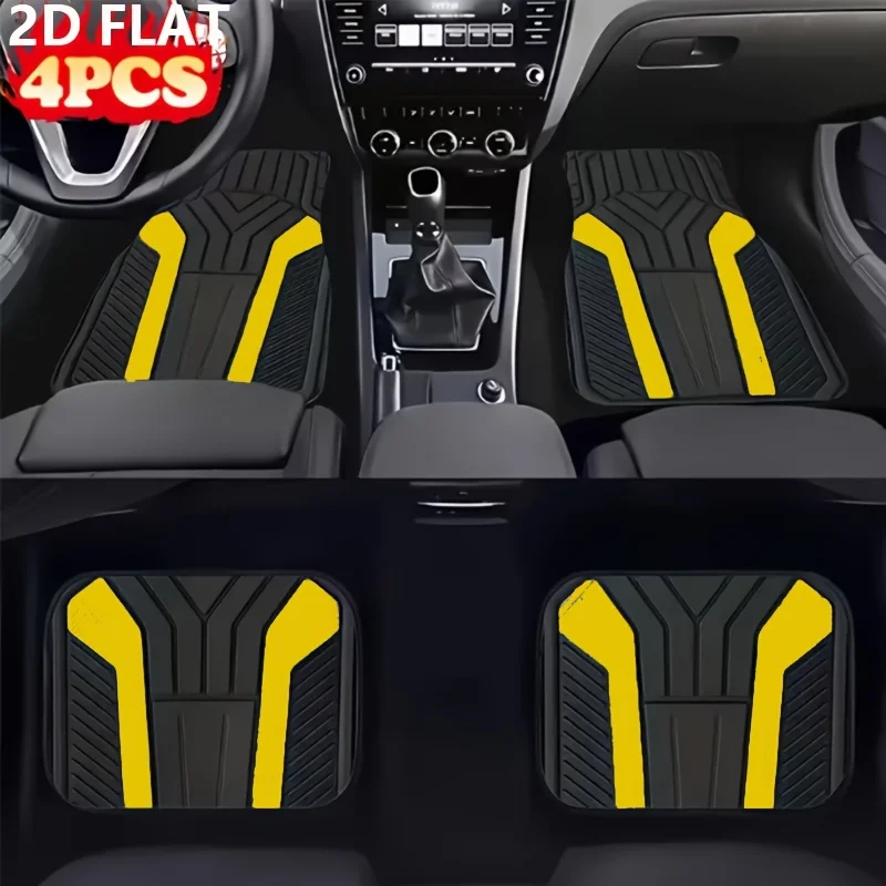 A Set Of 4 Eye-Catching Gray And Yellow Patterned 2D-Flat Mats, Perfect As A Gift Choice, Durable And Suitable For Trucks, Sedan