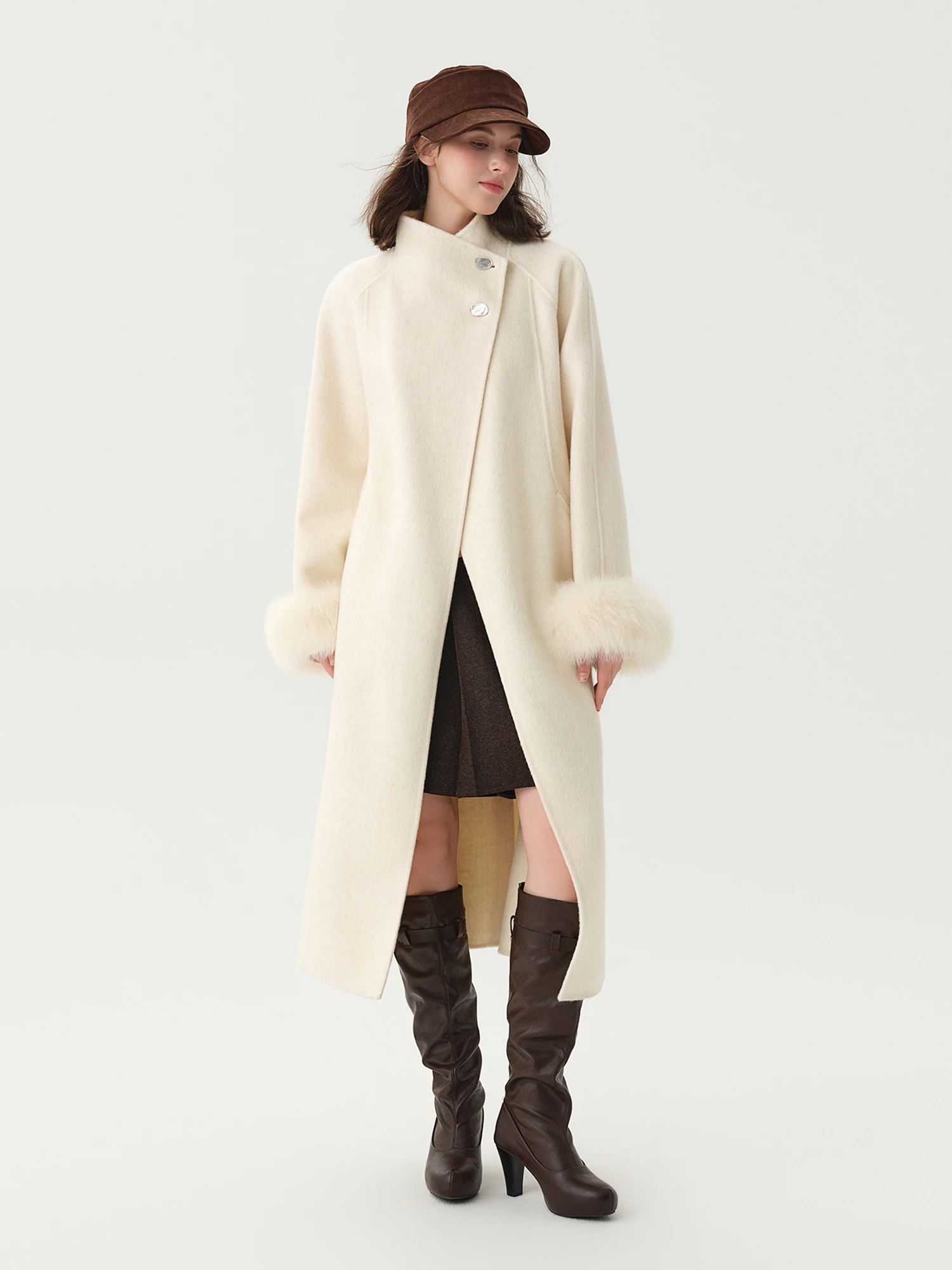 DUSHU Stand-up Collar Double-faced Wool Coat Women Thick Stylish Belted Woolen Overcoat for Winter 2026 Beige Mid-calf Length