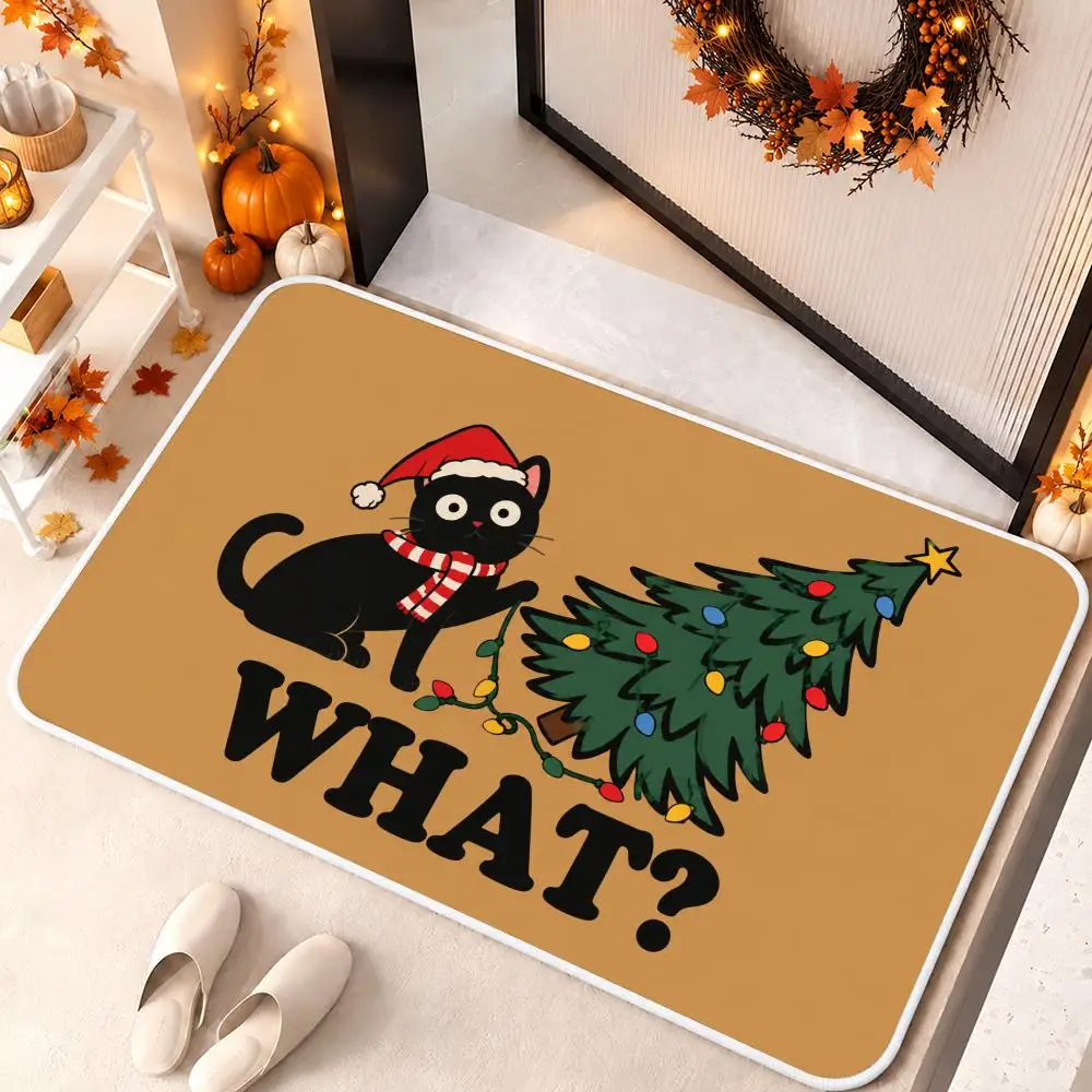 Christmas Cat Mischief Floor Mat Soft Flannel Floor Mat Cloud Feel Non-slip Bath Rug Machine Washable Foam Carpet Door Mat