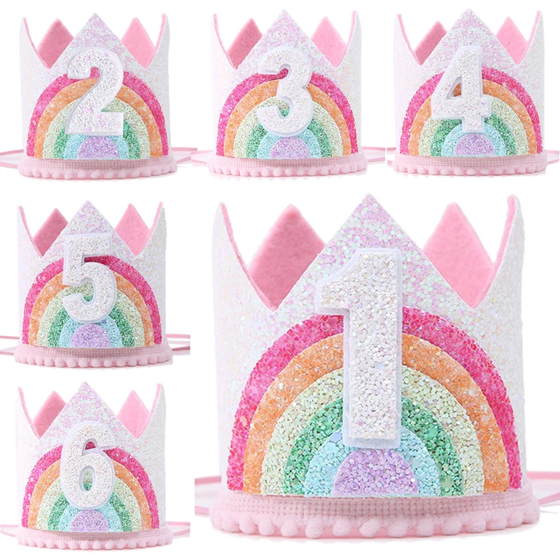 Feltro Rainbow Theme Birthday Party Coroa, 1 °, 2 °, 3 °, Happy Birthday Party Decor, Baby Shower, Number Hat, Unicorn Party