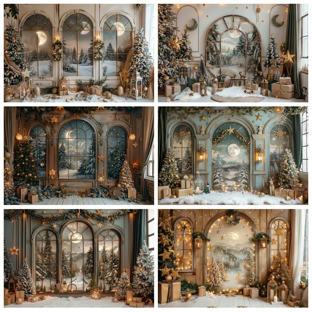 

Christmas Photography Backdrop Winter Forest Moon Window Xmas Tree Gifts Indoor Xmas Party Family Baby Portrait Background Decor