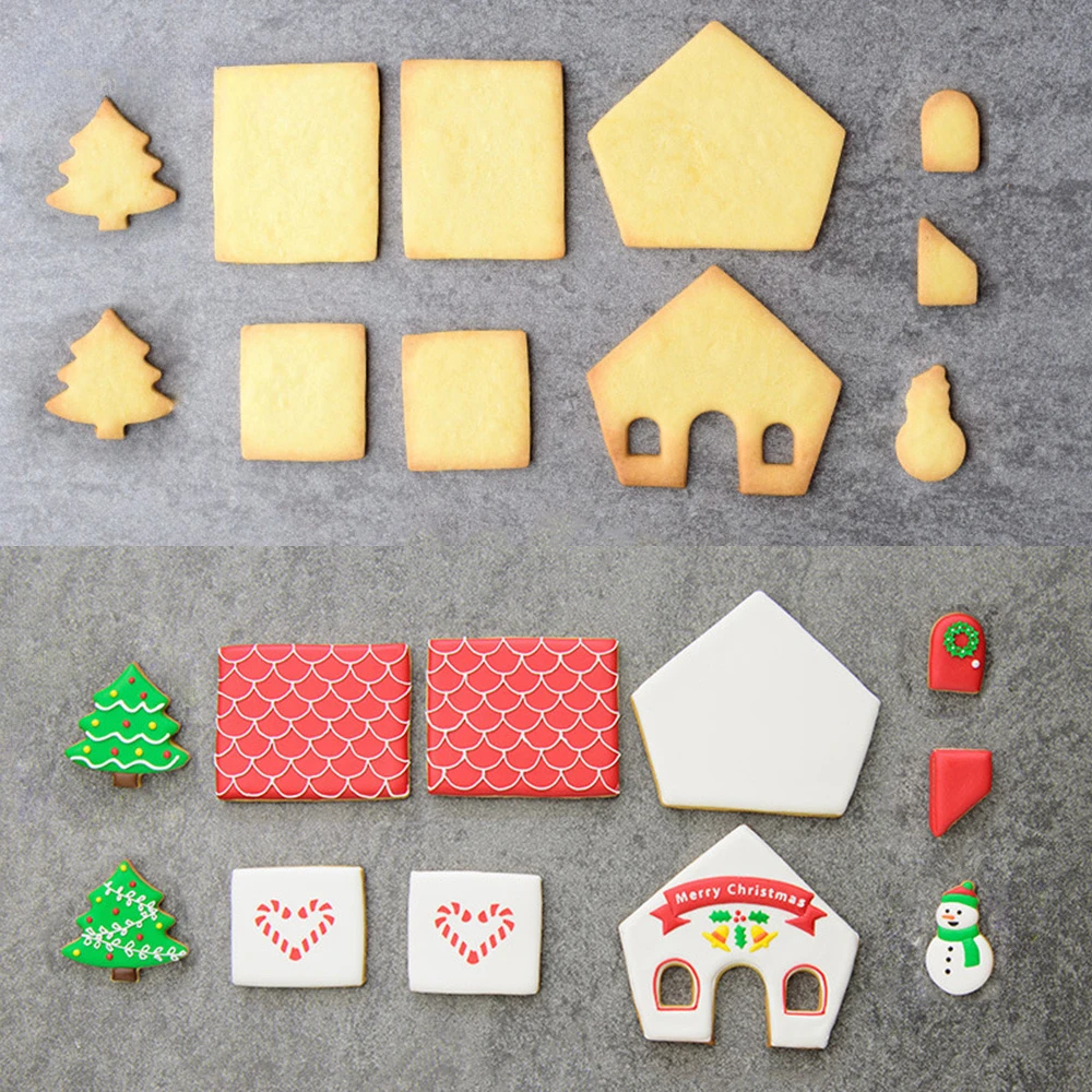 3D Christmas Gingerbread House Mould Plastic Cookie Cutter Set DIY Biscuit Mold Pastry Cake Stamp Baking Tools Accessories