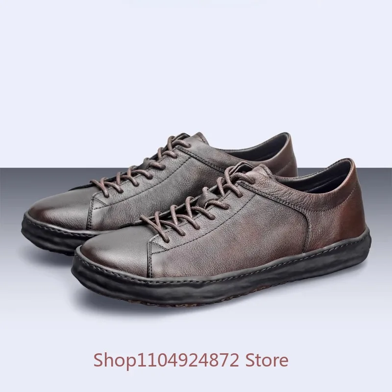 

Men's Shoes Genuine Leather Retro Casual Breathable Lace Up Sport Leather Shoes Male Derby Spring Summer Flat Hiking Sneakers