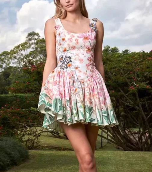 

2026 High Quality Pink Green Floral Print Embroidery Appliqued Sleeveless Mini Dress