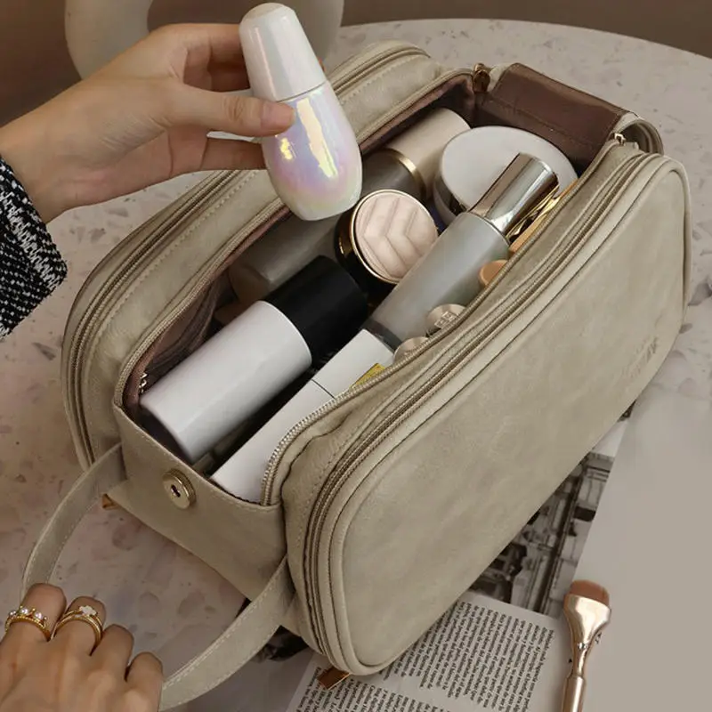 Multifunctional Makeup Brush Storage Women PU Leather Large Capacity Double Zipper Travel Makeup Brush Toiletries Storage Bag