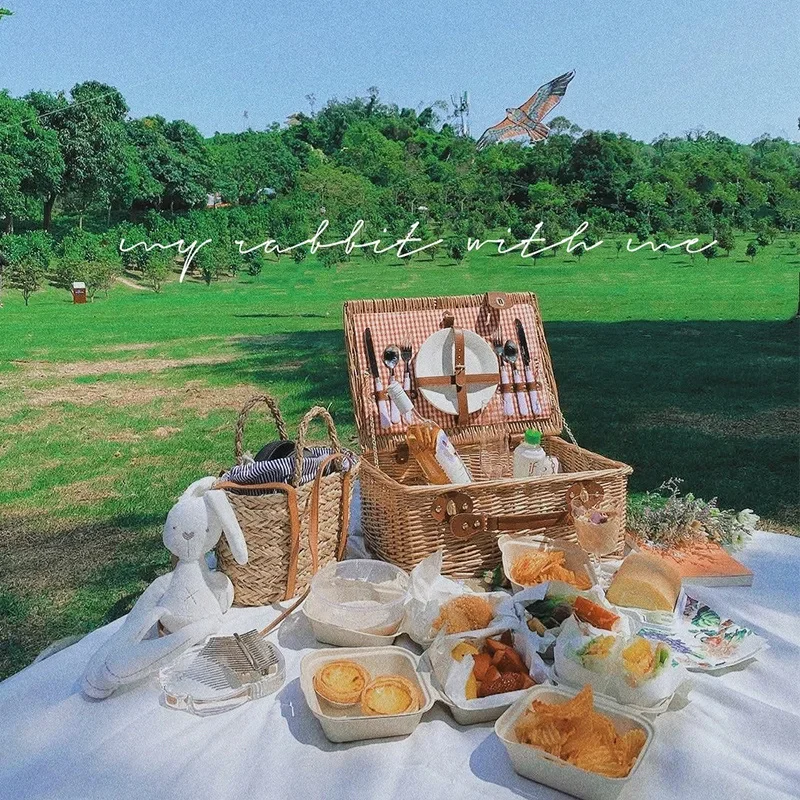 Outdoor Pull LOVE Shaped Picnic Basket Container Multi-function Rattan Weave Picnic Carrier Camping Food Storage Box