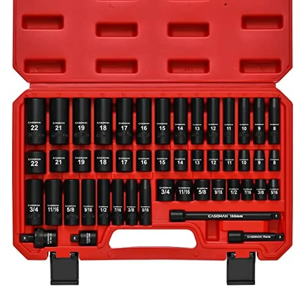 

48-Piece 3/8" Drive Impact Socket Set SAE and Metric Sizes 5/16"-3/4" 8-22mm 6 Point Cr-V Steel Drop Forged High-Visibility