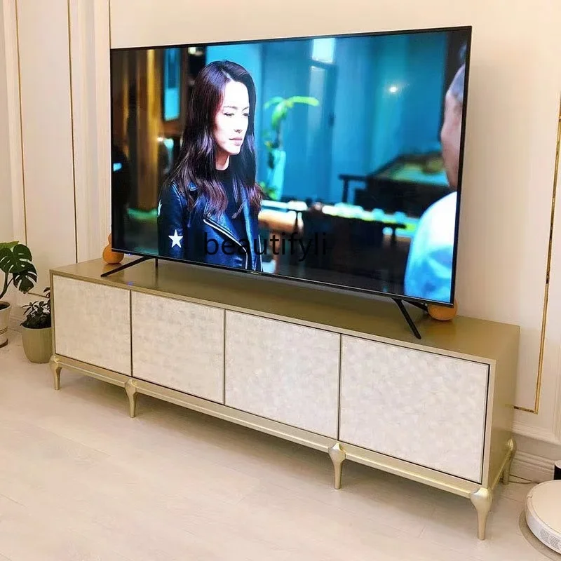 

American light luxury simple solid wood TV cabinet champagne gold living room combination locker coffee table R